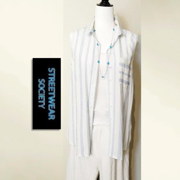 STREETWEAR SOCIETY Rayon Blouse Top White Blue Striped Sleeveless Button Front - Picture 2 of 11